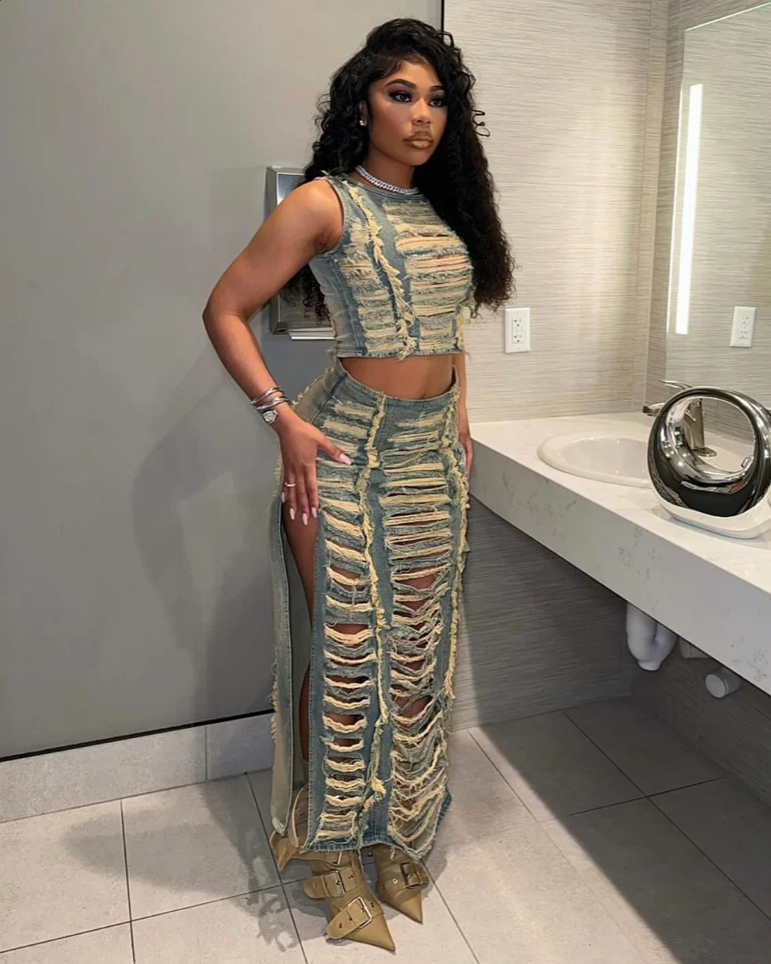 DRC Women Hollow Ripped Hipster Vintage Tank TopsLong Skirts Streetwear Matching Outfits Denim Sexy Hollow 2 Piece Set 241226