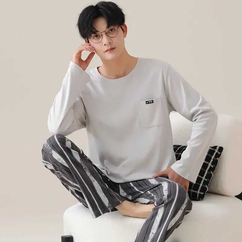 High Quality Pajamas Suit Men Pure Cotton Long-sleeved New Simple Design Sleepwear Male Korean Style 100%Cotton Loungewear GentsXJ241227