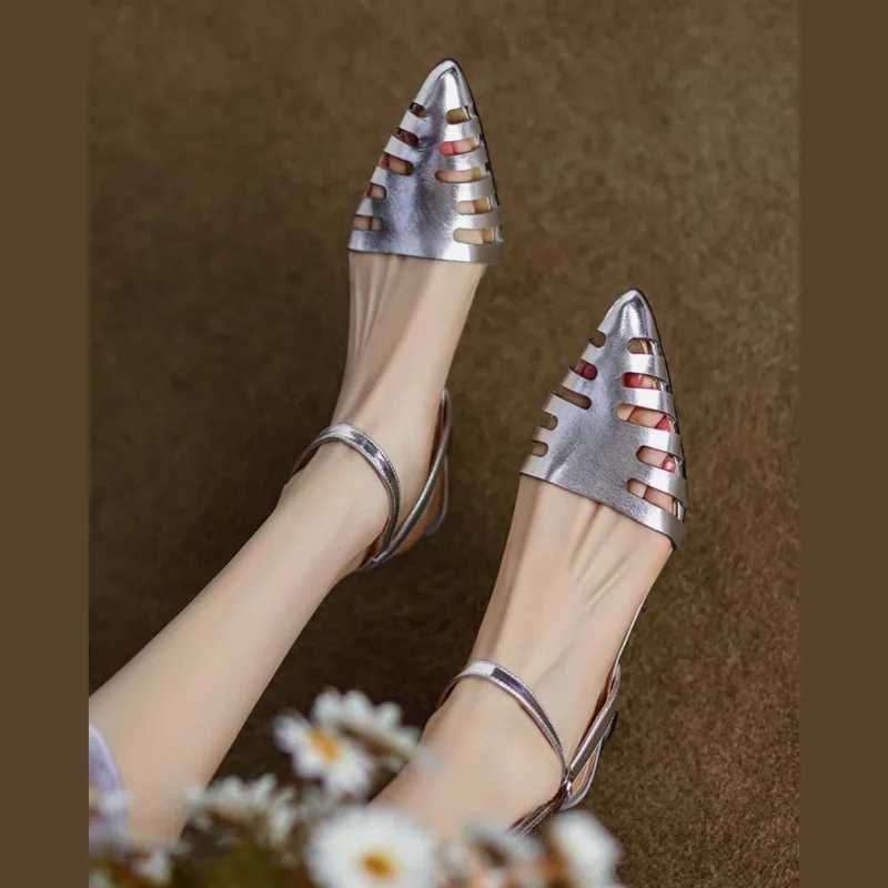 High Quality Black pointed toe sandals summer new womens niche design womens one-word hollow Roman high heels womens shoes T241227