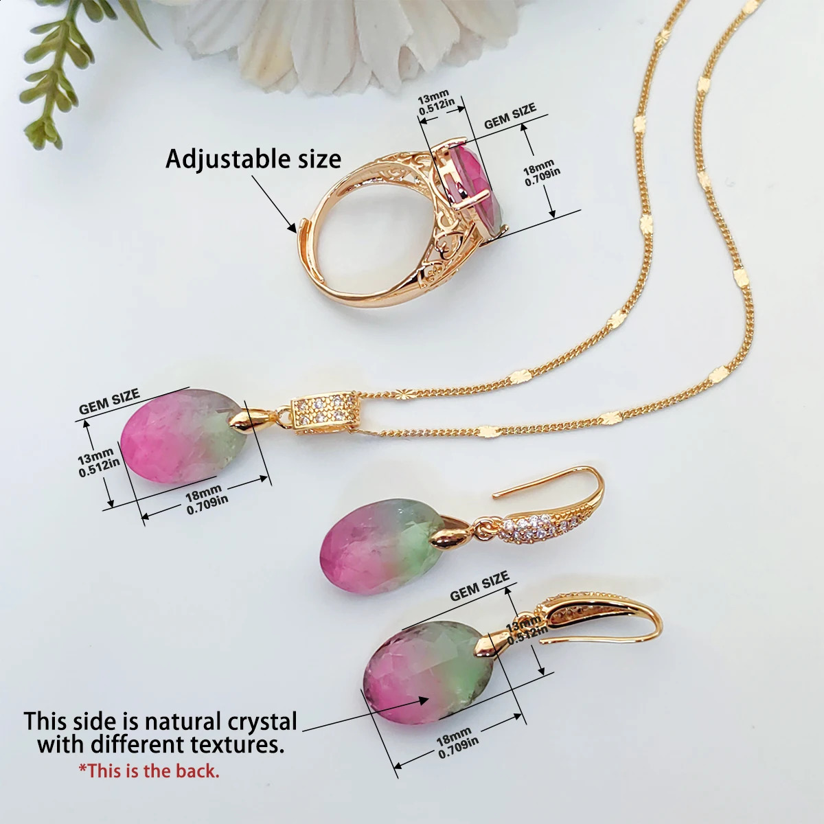 Green pink crystal fusion stone back is natural crystal stone Necklace Earrings Rings Jewelry set elegant womens jewelry 241226