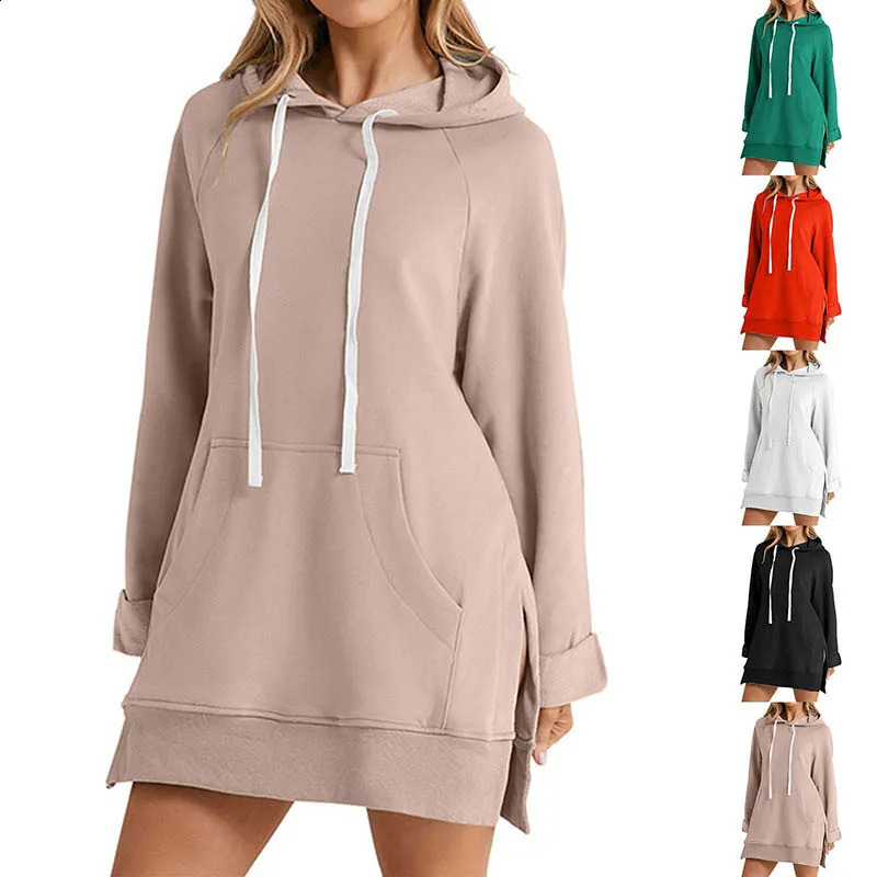 2024 Autumn Hoodie Womens Casual Sweatshirt Coat Pattern Hooded Solid Color Slit Sweatshirts Long Sleeve CYXX180 241223