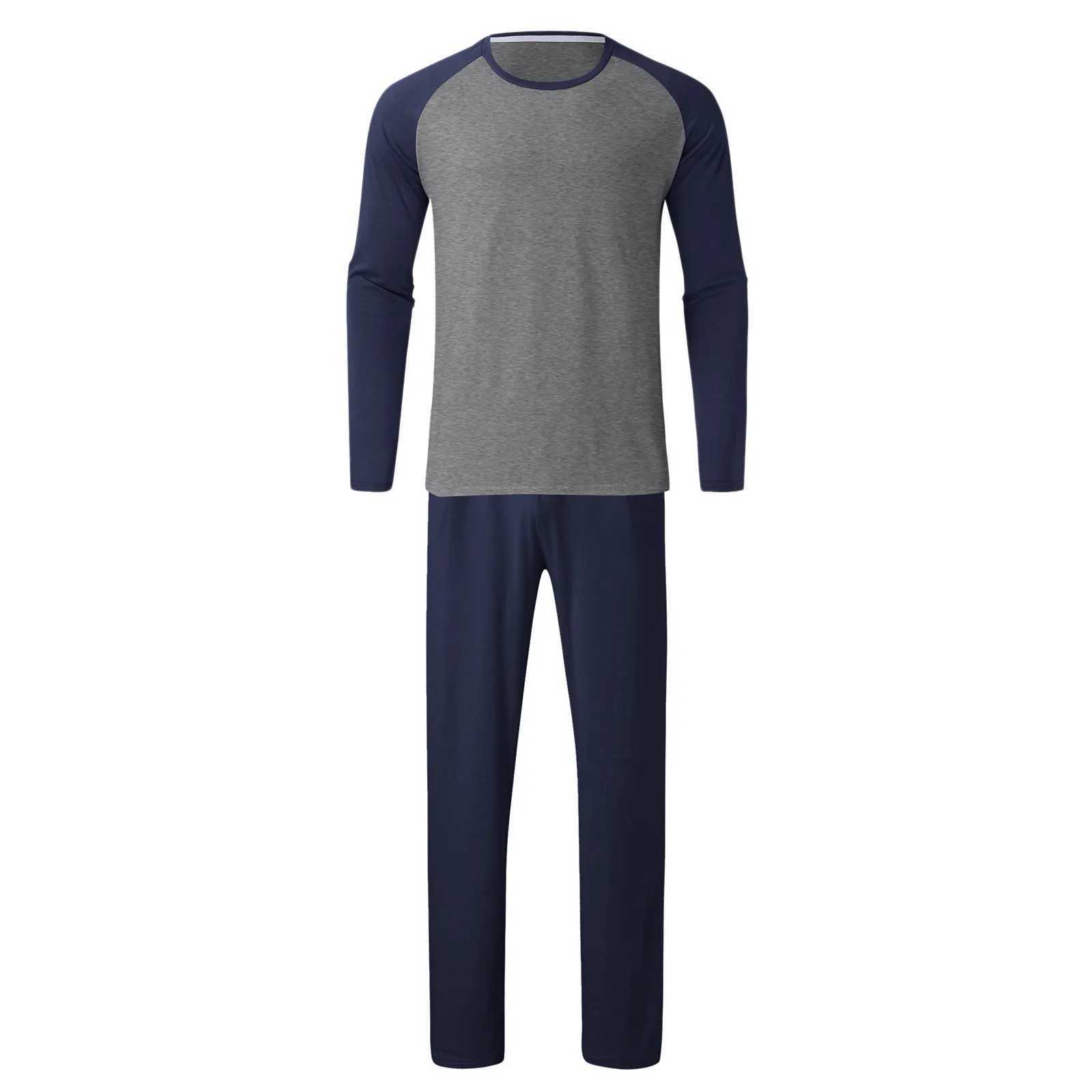 Autumn Winter Men Pajama 2 Piece Set Contrast Color Long Sleeve T Shirt And Solid Pants Set Sleepwear Mens Home ClothesXJ241227