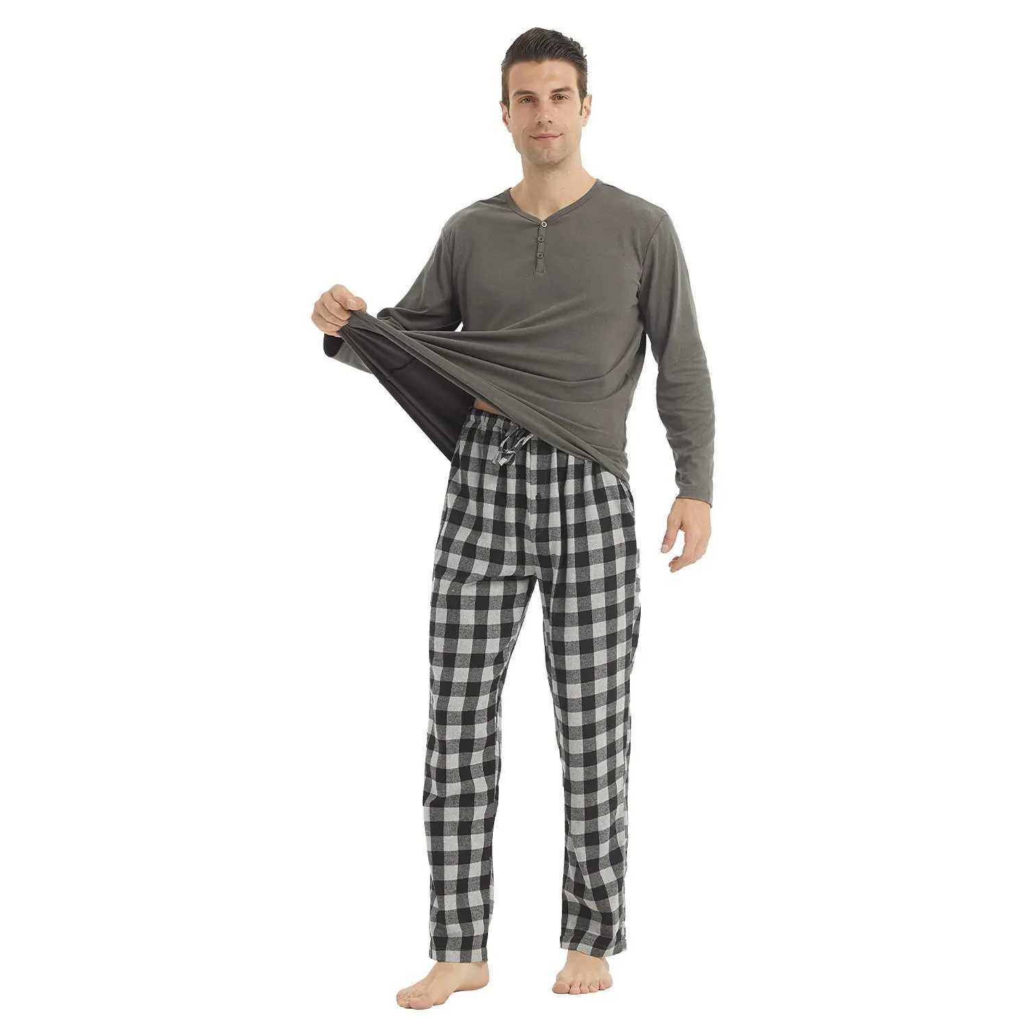 Mens Pajama Sets Long Sleeve Flannel Pajama Bottoms Mens Loungewear Sets Soft Warm Plaid Pj Set for Men Button ShirtXJ241227