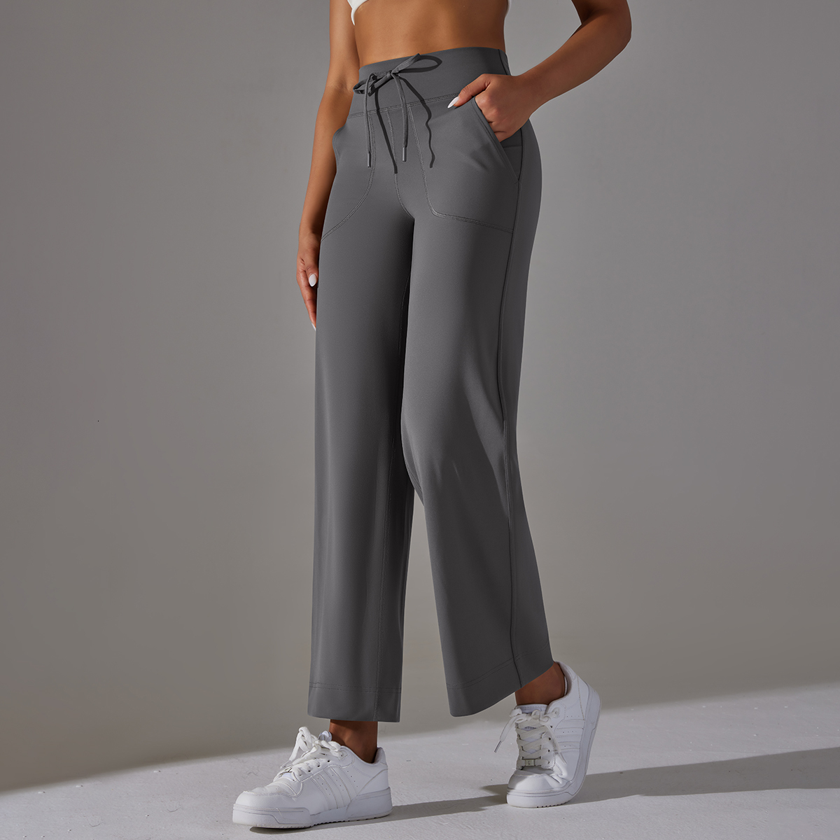 Women Wide Leg Flare Pants With Pockets Drawstring Sports Trousers High Waist Flared Yoga Leggings Fiess Running Jogg