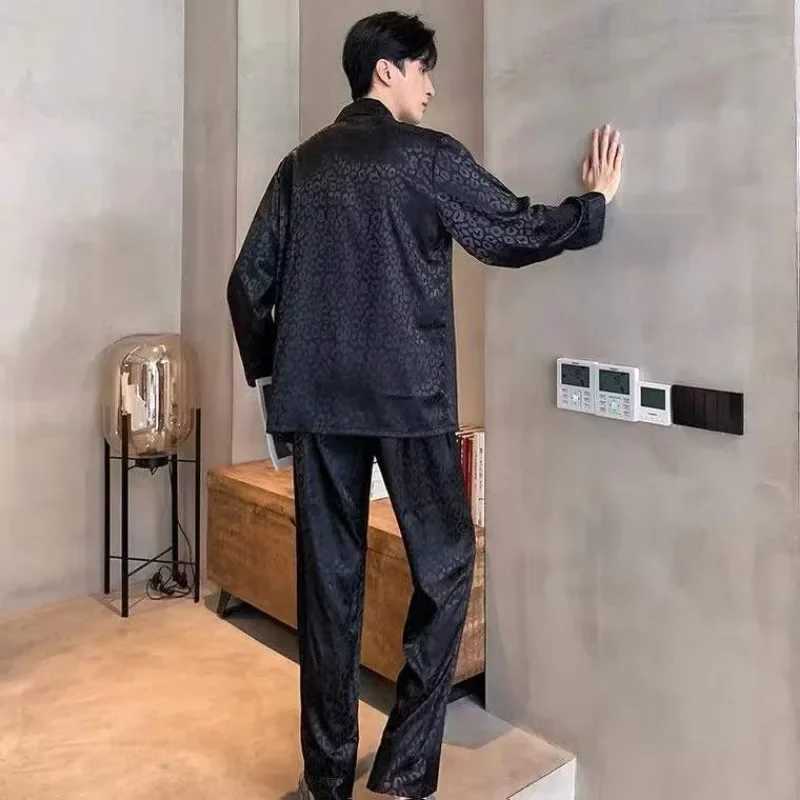 Pajamas men Spring and Autumn Long sleeve Thin ice silk Large size Spring and summer Leopard print cardigan loungewear two-pieceXJ241227