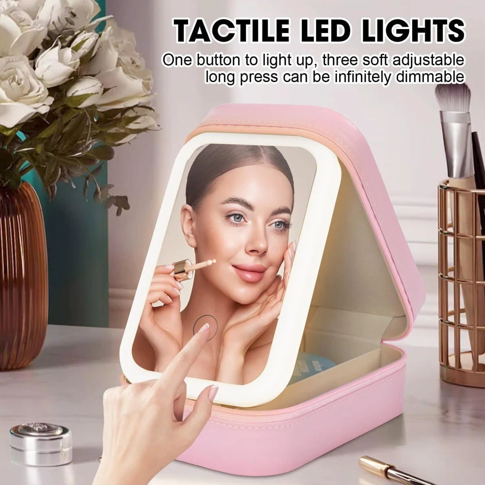 Travel Makeup Mirror with Light Smart Touch 3 Colors Dimmable Rechargeable Lighted Makeup Mirror With Travel Makeup Bag Gift 241223