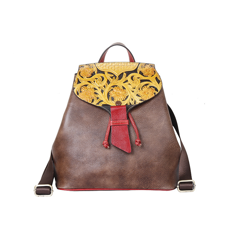 2023 New Women's Shoulder Cover Layer Leather Embossed Personalized Backpack Straight