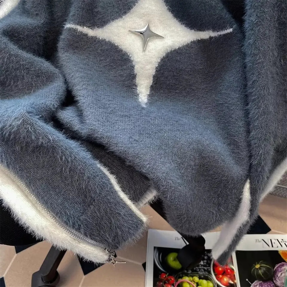 Y2k Color Blocking Knitting Gothic Pullovers Fashion Streetwear Black Patchwork Star Jumper Harajuku Knitwear Long Sleeve Sweate 241224