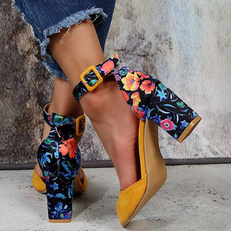 High Quality Fashion Women Yellow Flock Flower Color High Heels Sandals Female Pumps Peep Toe Ankle Strap Platform Shoes Summer T241227