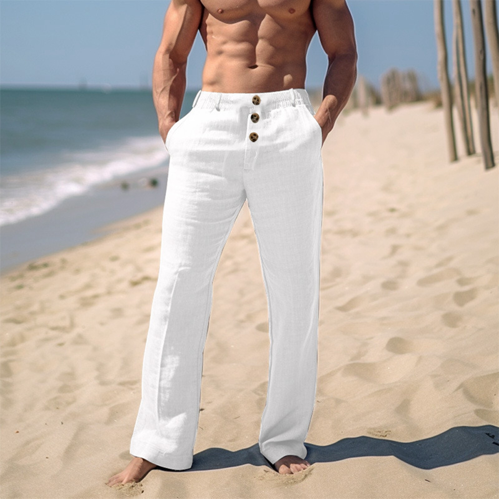 Cotton en Casual Pants For Men Solid color Buttoned Loose Comfort Ventilate Long Trousers Spring Summer Beach Pant Streetwear