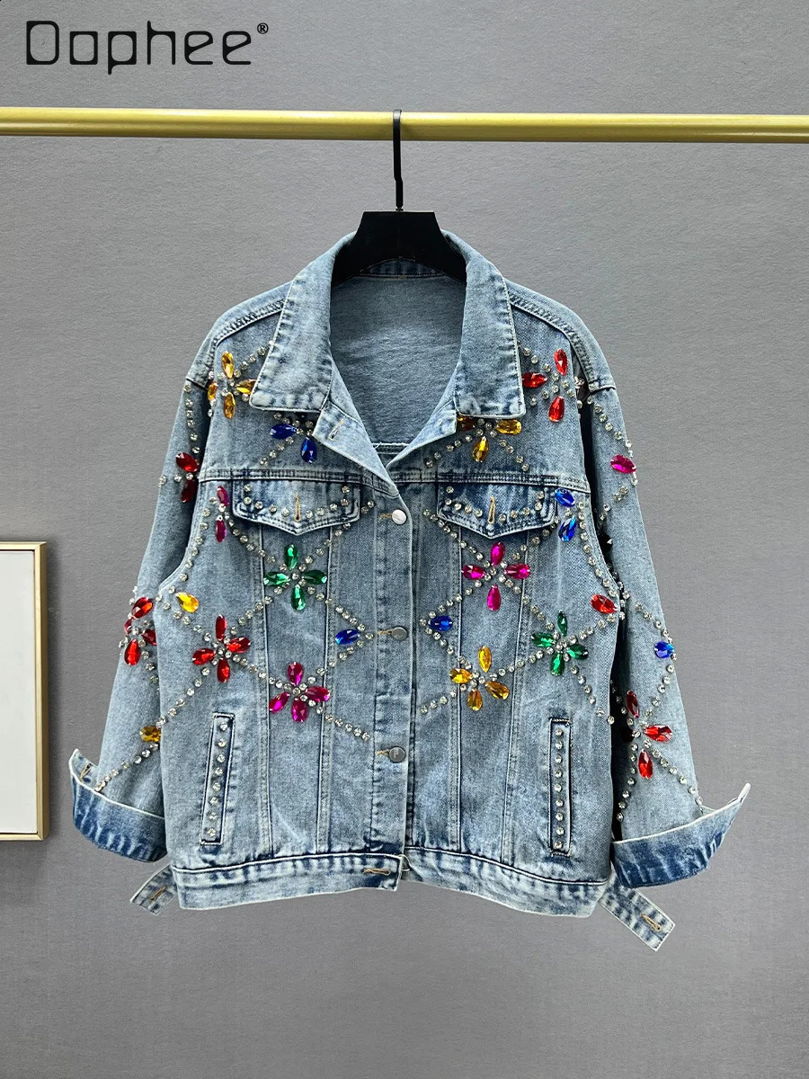 Exquisite Rhinestone Denim Jacket for Women Spring Autumn Loose Trenddy Long Sleeve Top Blue Single Breasted Coats 241223