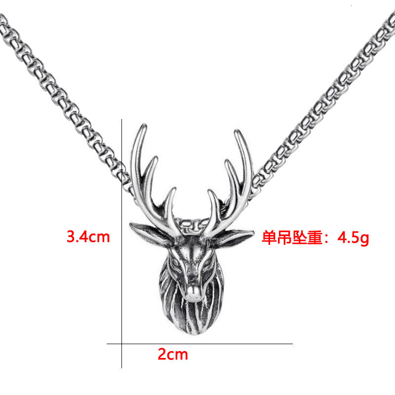 Mens Antique Silver Pendant Necklace with Steel Chain Hip Hop Versatile Deer Antler Animal Charm Sweater Chains Bijoux Rap Jewelry for Men Collar Wolf
