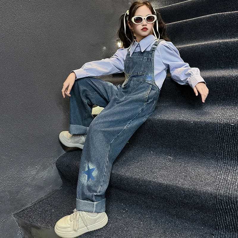 Fashion Children Jeans Overalls for Baby Girls Kids Blue Denim jumpsuit Suspended Pants with Straps Age 5 6 7 8 9 10 11 13 14 W241227