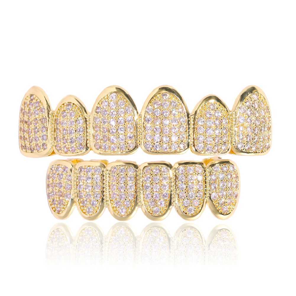 Gold Silver-Plated d Out CZ Teeth Grillz For Unisex Bling Full Zircon Pave Top Bottom Grills Set Punk Hip Hop Dental Jewelry W241227