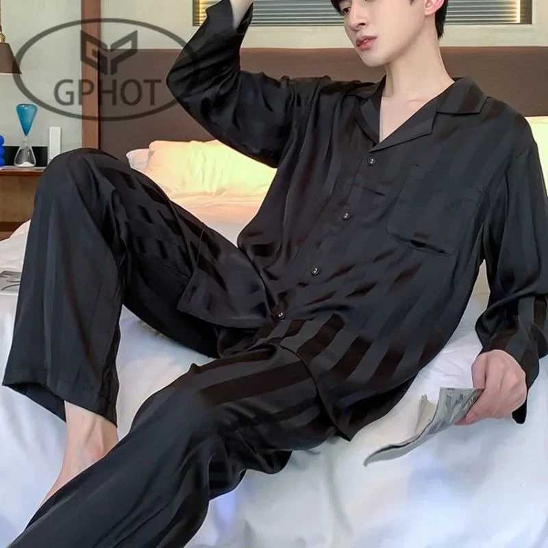 Pajamas men Spring and Autumn Long sleeve Thin ice silk Large size Spring and summer Leopard print cardigan loungewear two-pieceXJ241227