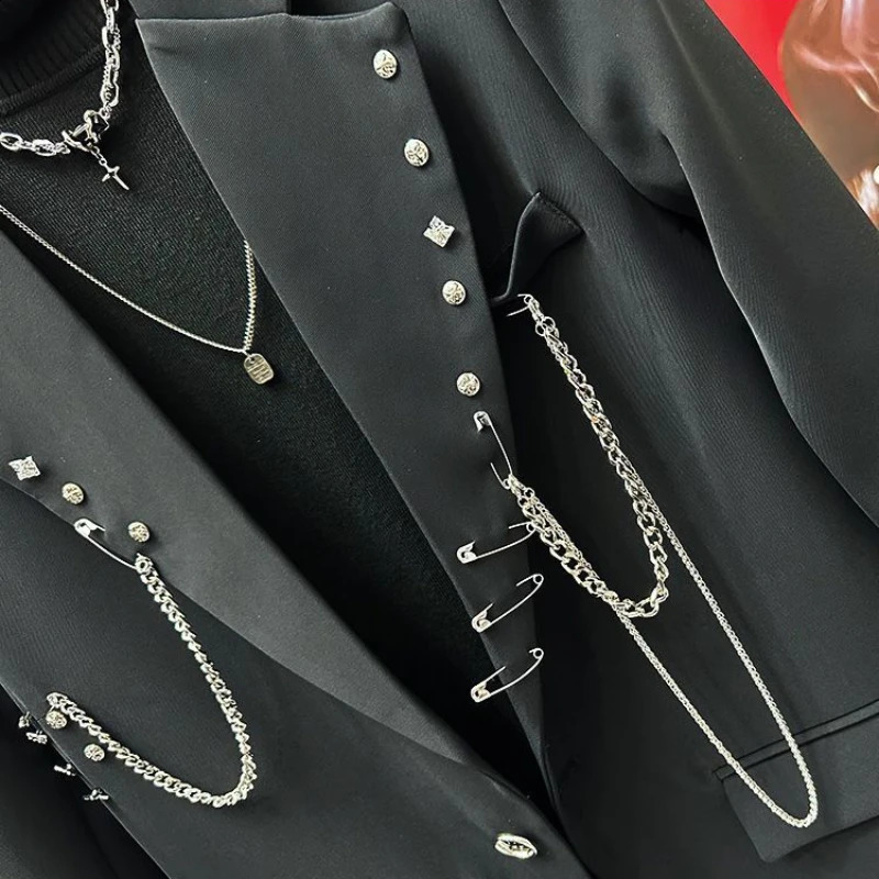 Spring Autumn Niche Chain Black Suit Jacket Fashion Mens Handsome High Street Loose Casual Men Tops Blazers Male Clothes 241227