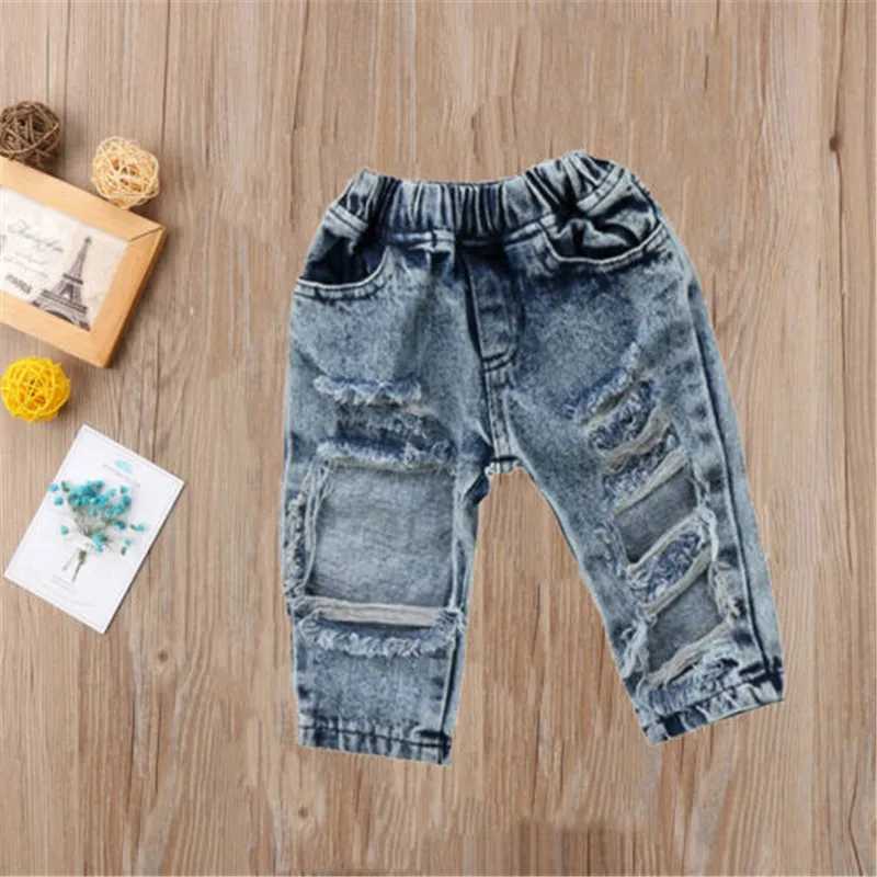1-5years Kids Girl Denim Jeans Blue Patchwork Pockets Hollow Design Trouser For Girls Elastic Pull-Up Wild Spring Autumn Jeans W241227