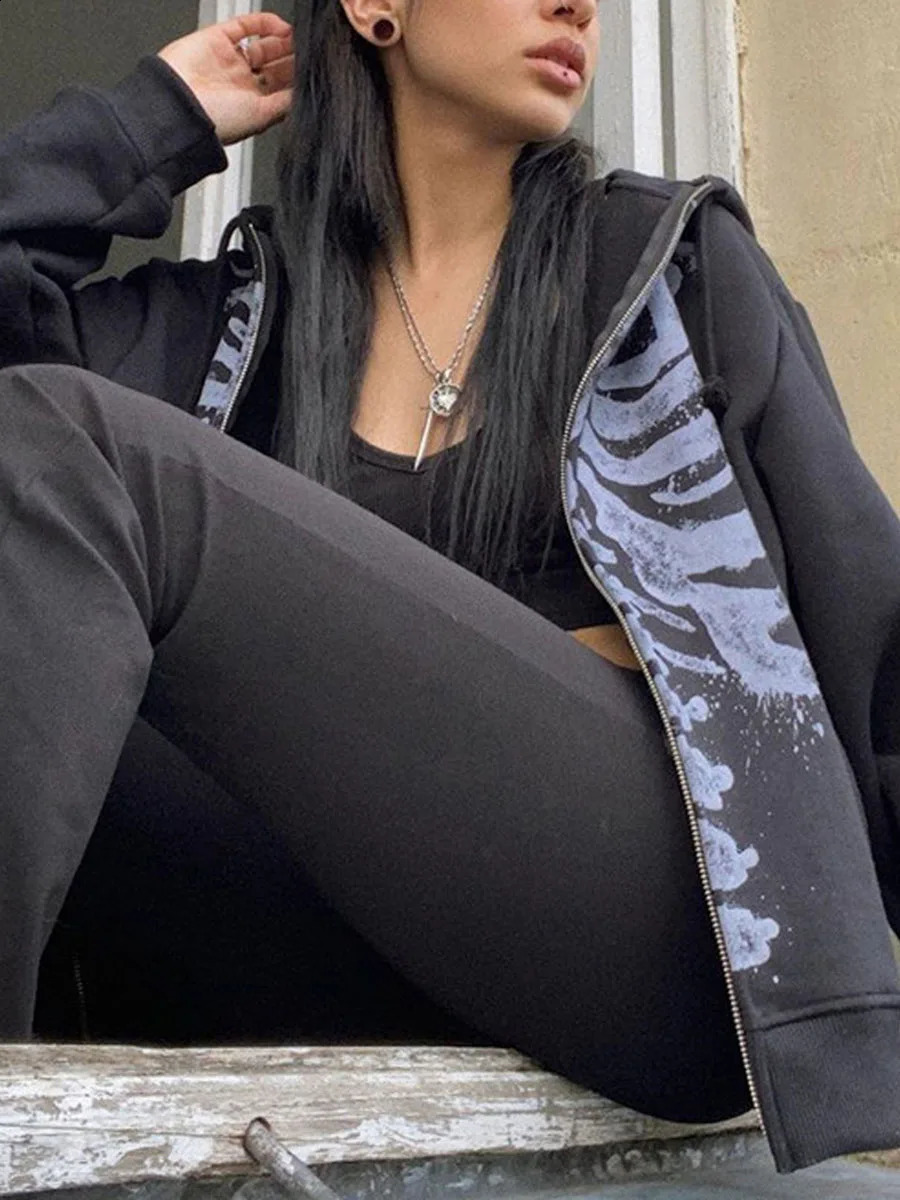 y2k Women Star Print Oversize Zip Up Hoodie Aesthetic Fairy Grunge Graphic Long Sleeve Top Gothic Harajuku Sweatshirt Streetwear 241223