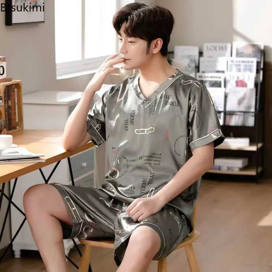 New Summer Mens Pajamas Silk Satin Pullover Shorts Two Piece Set Sleepwear Male Pajama Home Clothes Nightwear Men Sleep LoungeXJ241227