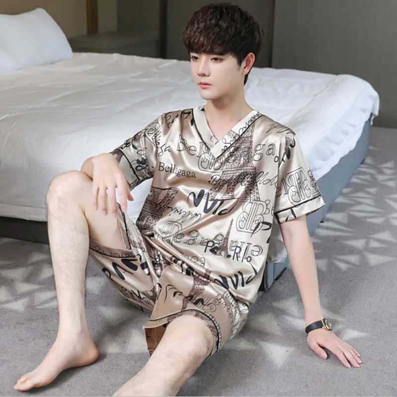 Silk Pajama Sets Men Two Pieces Sleepwear Short Sleeve Top Shorts Summer Loungewear Print High Quality Nightwear Thin PajamasXJ241227