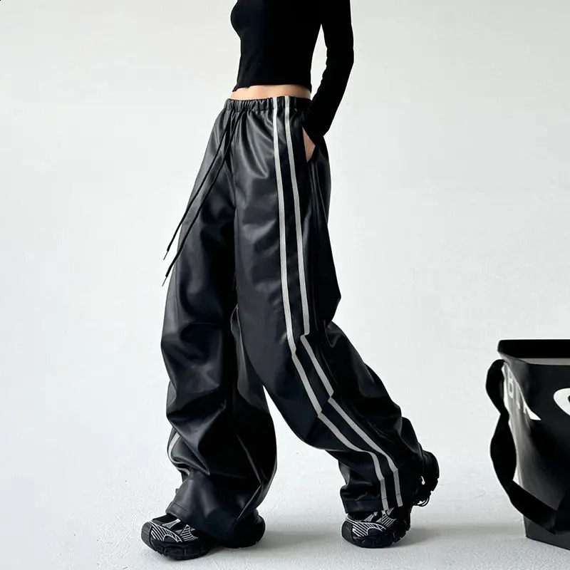 Y2K Fashion Black PU Leather Side Striped Casual Pant Retro Street Girls Loose Harajuku High Waist Straight Pants 241223
