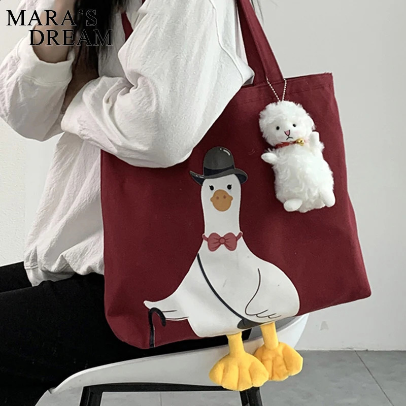 Maras Dream Women Shoulder Shopper Bag Cute Duck Cartoon Print Casual Kawaii Canvas Tote Shopping Cotton Cloth Eco Handbags 241225
