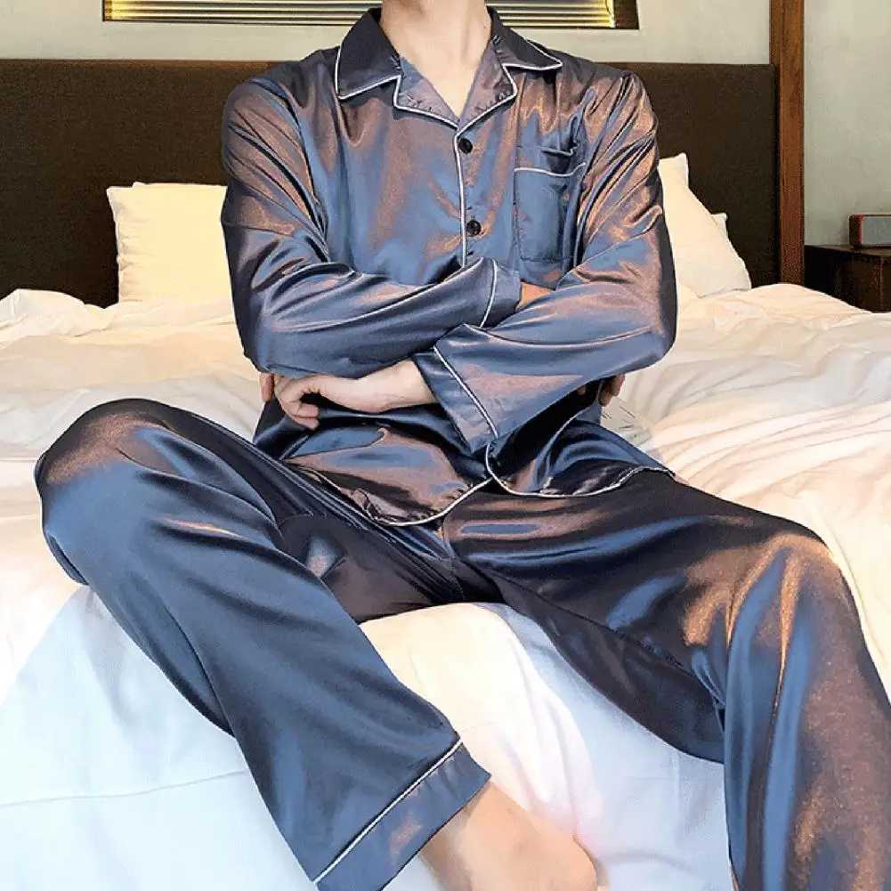 2Pcs/Set Men Summer Pajama Set Lapel Long Sleeve Shirt Elastic Waist Pockets Wide Leg Pants Set Solid Color Single Breasted SleeXJ241227