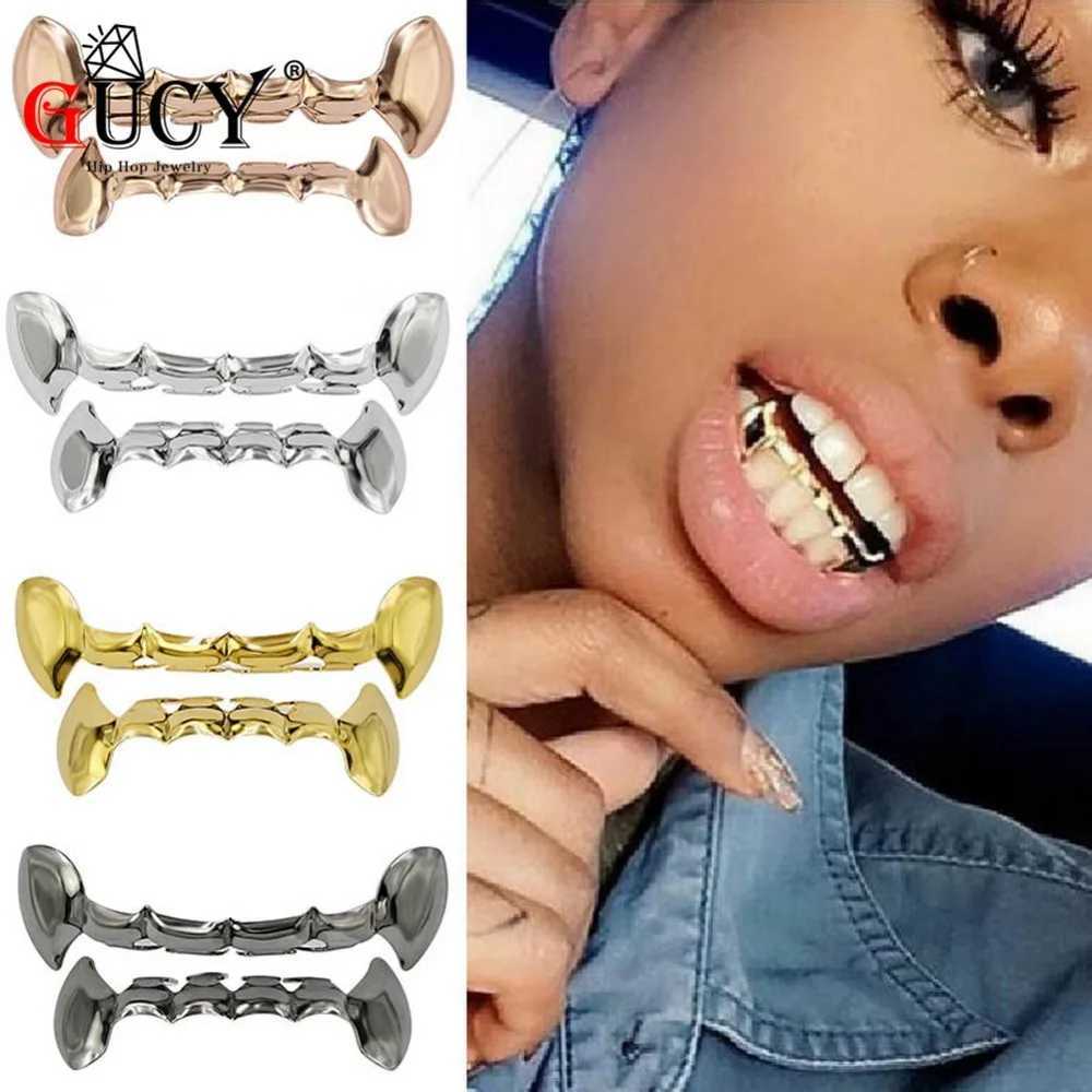 GUCY Hip Hop Fang Grills Cs Gold Color Plated Half Teeth Dracula Vampire Fangs Slim Grill Top Bottom Grillz Teeth Set W241227