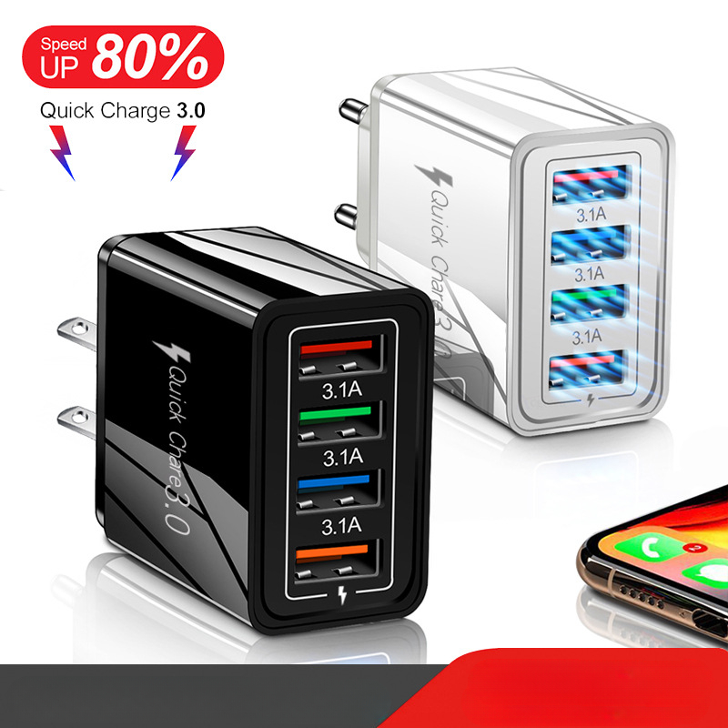 4 USB Mobile Phone Home Charger 3A Color Multi Port Charging LED Light Standard Tablet Plug
