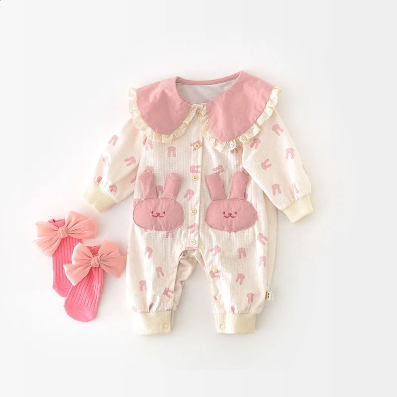 Spring Autumn Baby Bodysuit Full Printed Bunny Pocket Jumpsuit for Infant Girls Cute Peter Pan Collar Toddler One Piece 241226