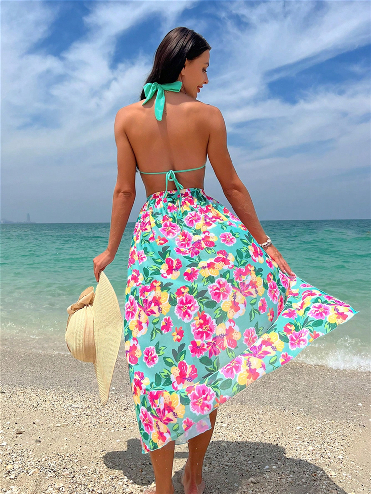 Boho 3 Pieces Bikini Women Swimsuit Brazilian Halter Bikinis Set with Floral Long Skirts Girl Beach Cover Up Bathing Suit Female Bather Bathing Swimmi