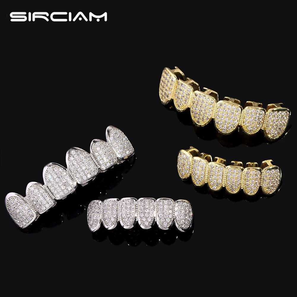 Gold Silver-Plated d Out CZ Teeth Grillz For Unisex Bling Full Zircon Pave Top Bottom Grills Set Punk Hip Hop Dental Jewelry W241227