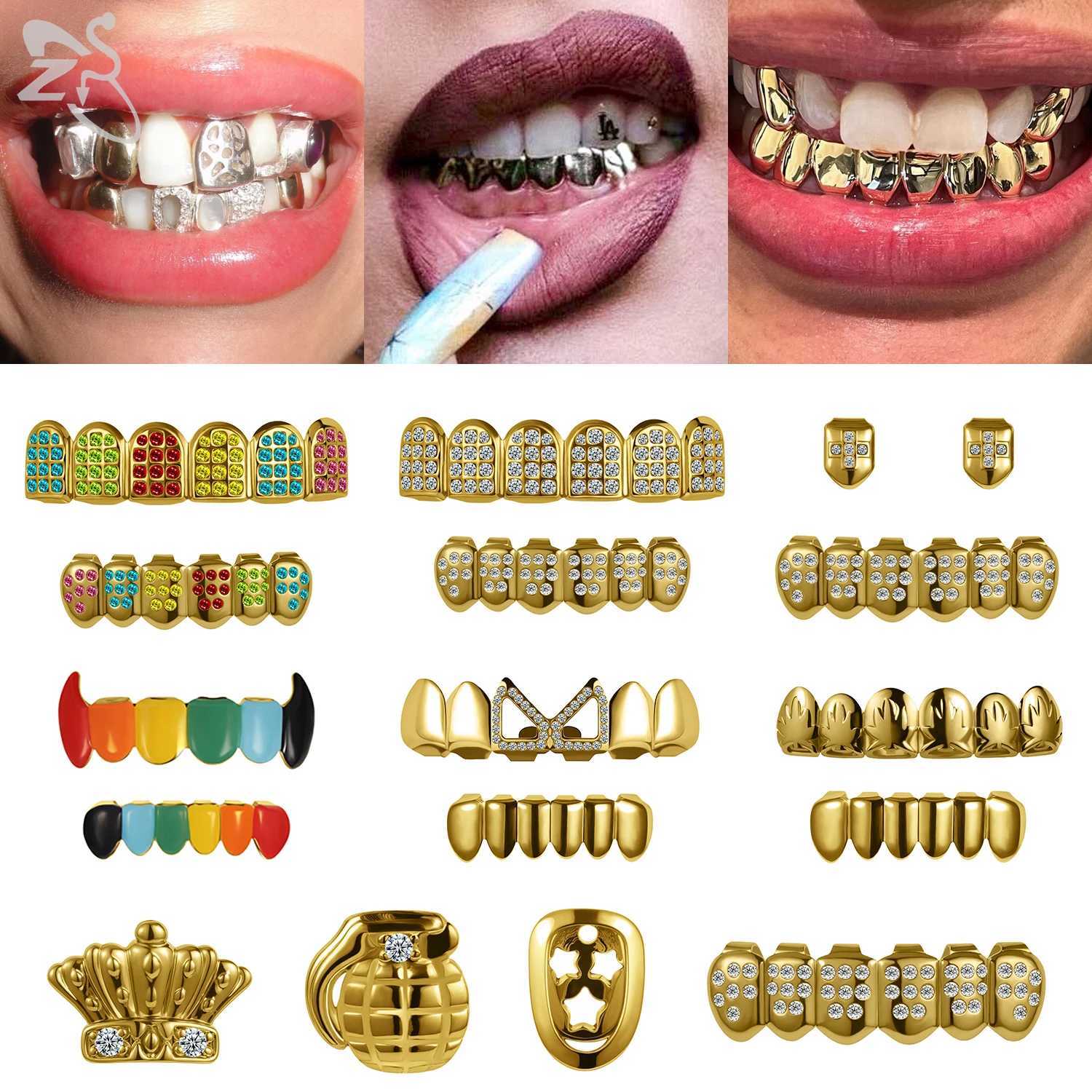 ZS 1 Set Hip Hop 18K Gold Plated Grillz Men Teeth Shiny CZ Crystal Cross G Grillz Colorful Zircon Top Bottom Teeth Jewelry W241227