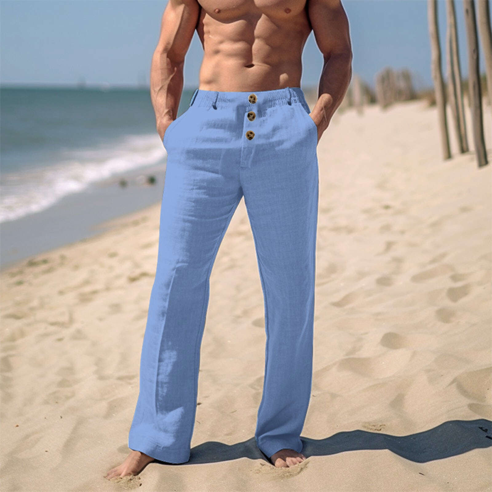 Cotton en Casual Pants For Men Solid color Buttoned Loose Comfort Ventilate Long Trousers Spring Summer Beach Pant Streetwear
