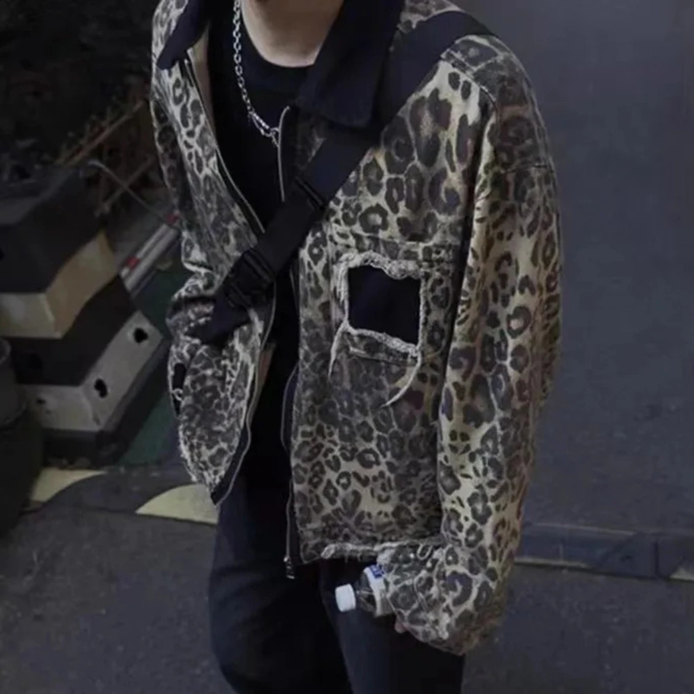 American Street Fashion High-End Raw Edge Contrast Leopard Print Y2k Jacket Autumn And Winter Niche Leisure Loose Hip-Hop Jacket 241224