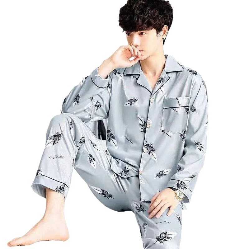 Mens Spring and Fall Long-Sleeved Long Pants Pajamas Cardigan Big Size Korean Nightwear Loungewear Leisure Sleepwear HomewearXJ241227