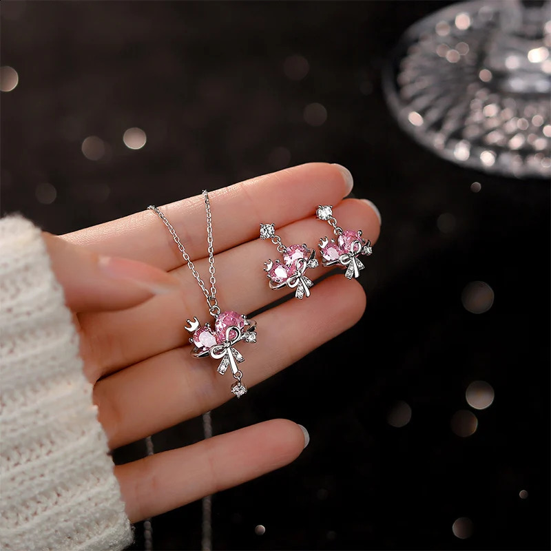 JYJIAYUJY 100% Whole Original Sterling Silver S925 Necklace Pink Star Bow Heart Earrings Set Hypoallergenic Jewelry Gift JYN21 241226