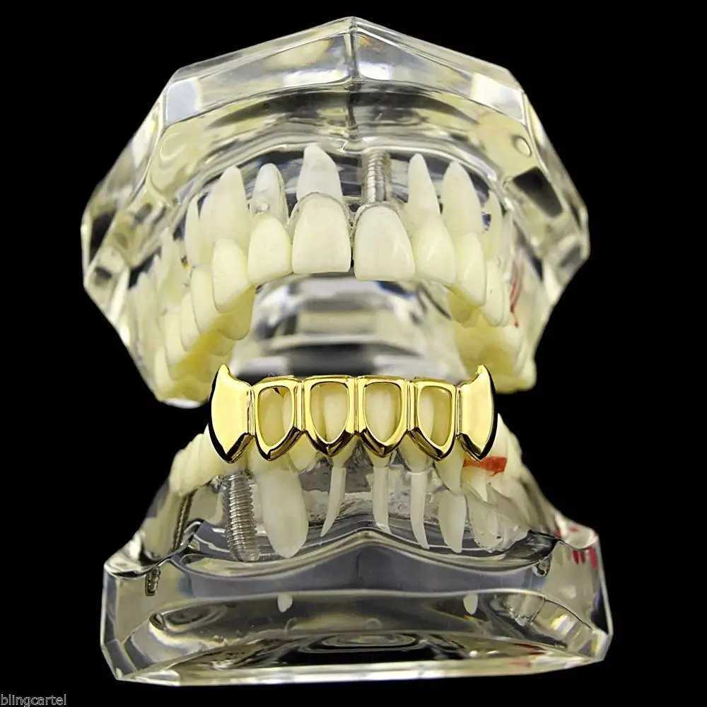 TOPGRILLZ Gold Galvanized Hip Hop Teeth Grill Top and Bottom Grill Hip Hop Sparkling Hollow Vampire Teeth W241227