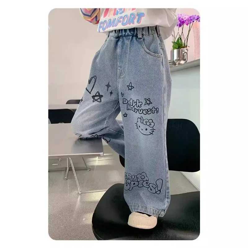 Girls wide leg jeans in spring and autumn cute retro straight tube girl in spring children wearing spring pants W241227