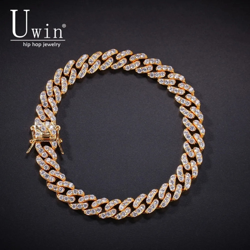 UWIN 9mm Iced Out Cuban Link Bracelet Zircon Hip Hop Fashion Punk Chain Bling Charms Jewelry 241227