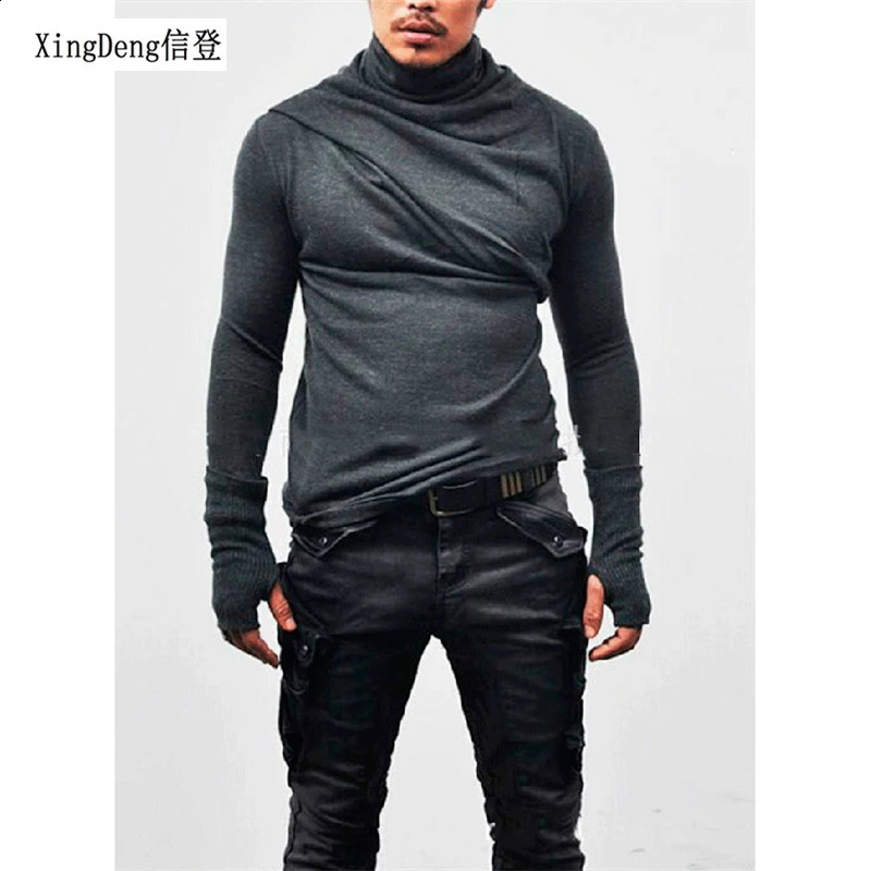 XingDeng men turtleneck mittens long sleeve T-shirt Men fashion casual tee gloves male slim fit punk costume clothing top coats 241223bj