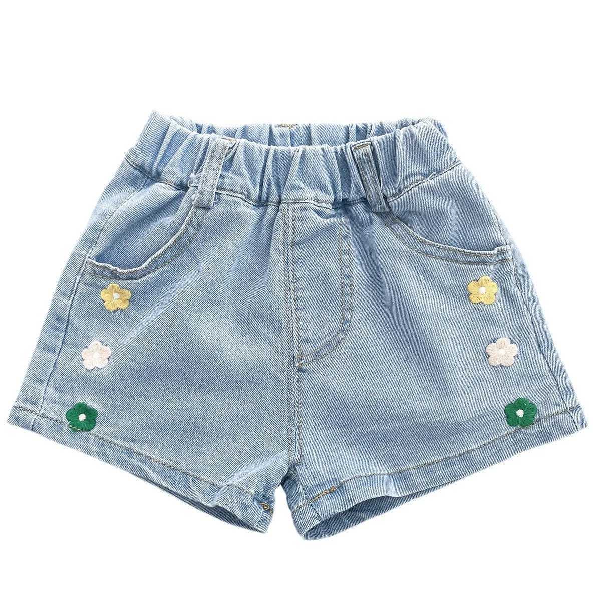 Girls Denim Shorts Summer Flowers Embroidery Elastic Waist Short Pants Children Solid Color Casual Jean Shorts 2-12Y W241227