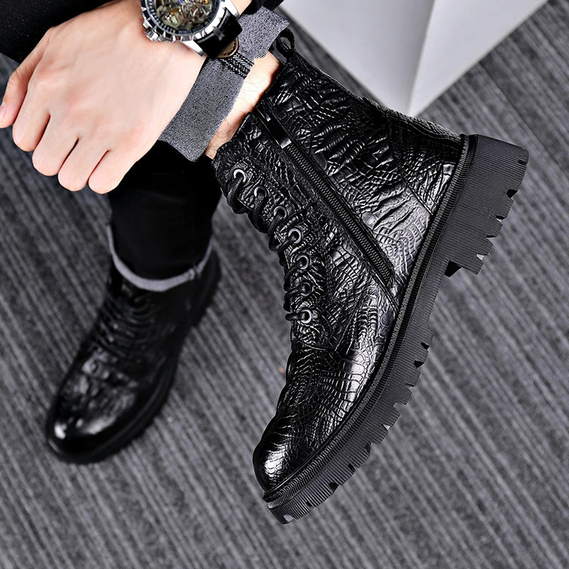 Grain Cow Leather Martin Boots Fashion Men Ankle Boots Genuine Leather Casual High-top Men Boots Winter Boots 241226