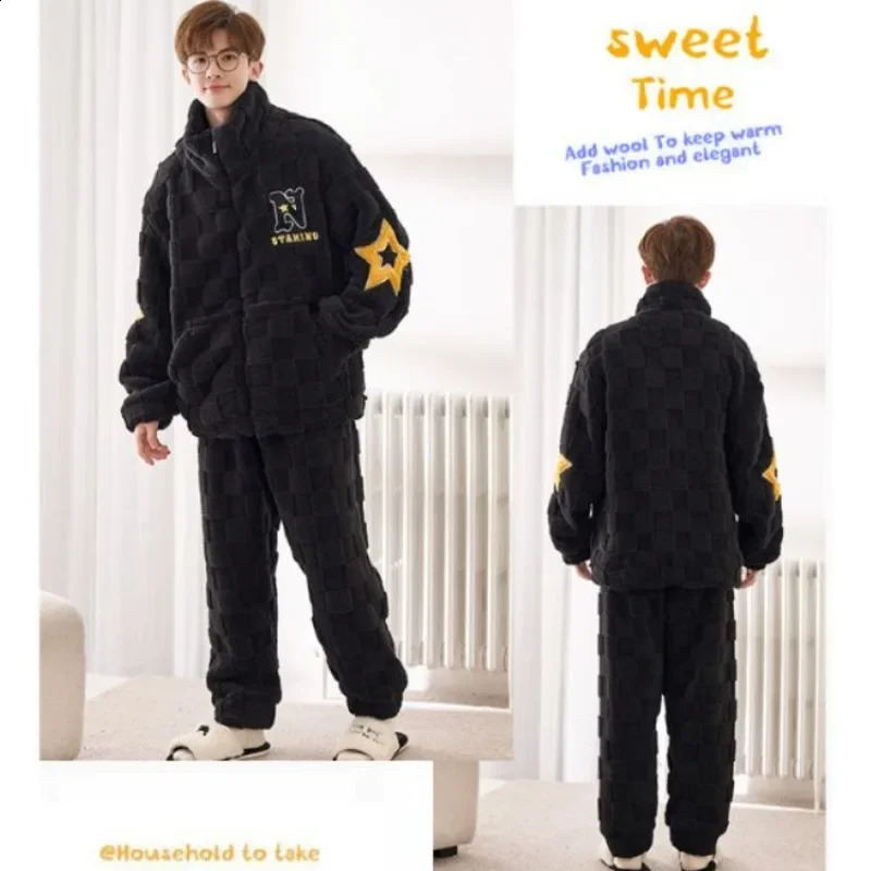 Flannel Pajamas Men Autumn Winter Zipper Sleepwear Warm Plus Velvet Loungwear Padded Coral Homewear Suit 241227