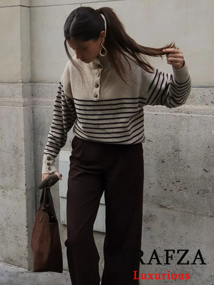 TRAFZA Vintage Casual Women Sweater Striped Stand Collar Long Sleeve Knitted Loose Fashion Autumn Winter Sweaters 241225