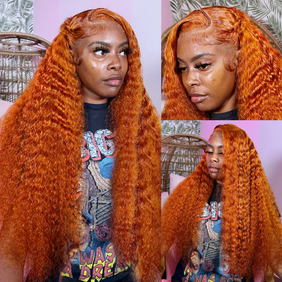 40 Inch Ginger Orange Deep Wave Human Hair 13X6 HD Transparent Frontal Wig 220 Density Curly Colored Lace Front Wigs