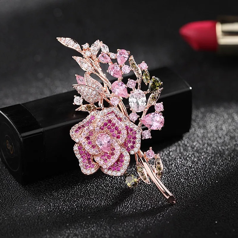Korea Womens brooch Micro inlaid colored zirconium woman brooches Chestnut flower zircon Rose Evening Dress Accessories 241227