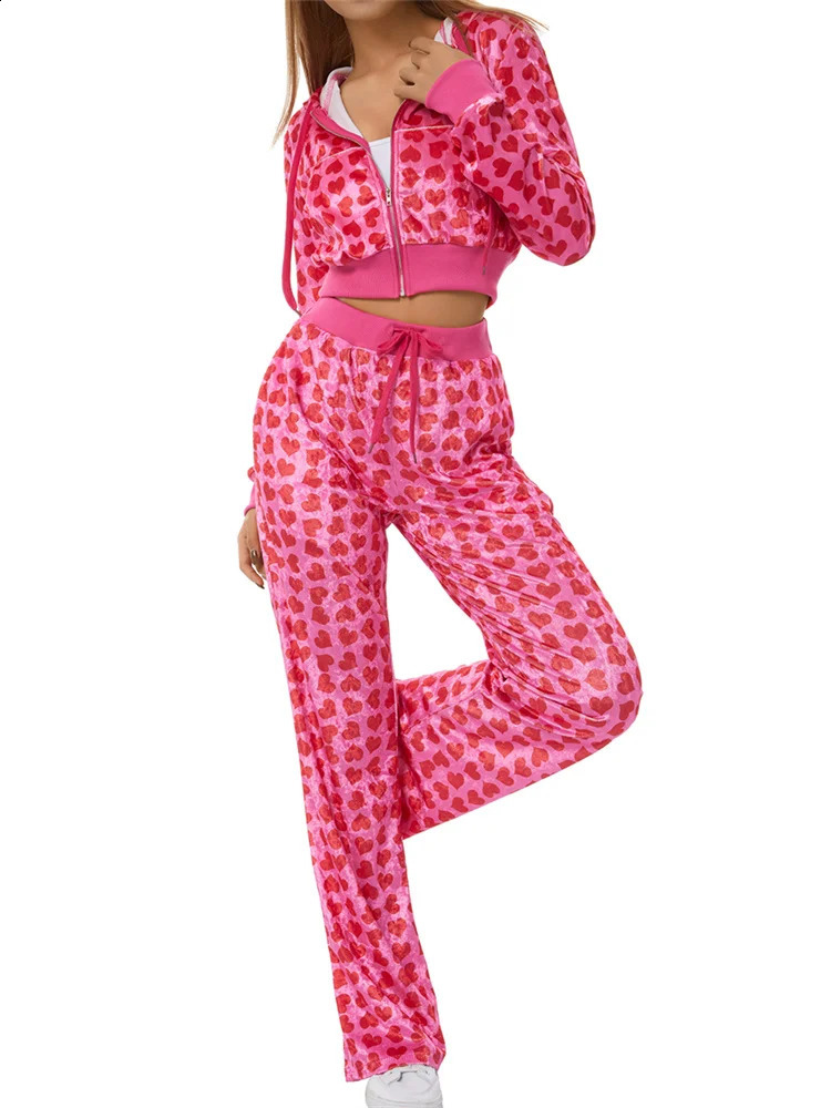 Womens Velvet Heart Print Tracksuits Long Sleeve Zipper Cropped Hooded Jackets Long Pants Autumn Winter 90s Casual 2 Piece Sets 241224
