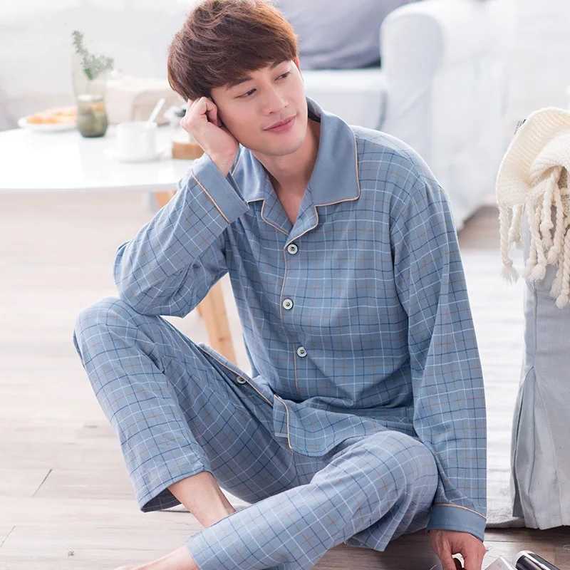 Men Sleepwear Plaid Print Cotton Pajama Sets for Man Long Sleeve Pajama Pants Sleepwear Pyjama Male Homewear Lounge Wear ClothesXJ241227