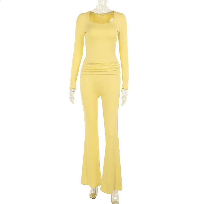 Hirigin Casual Solid Sporty 2 Piece Sets Women Concise Square Collar Long Sleeve Crop Tops and Flare Pants Matching Tracksuits 241224